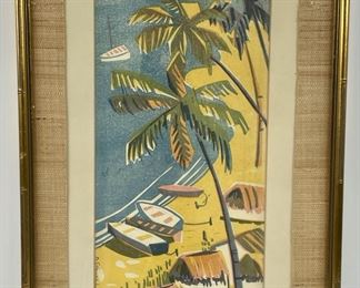 �Aldea de Pescadores� Tropical island Woodblock Print
