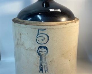 Antique 19thC. 5 Gallon Blue Ribbon Brand by Buckeye Pottery Co Stoneware Jug
