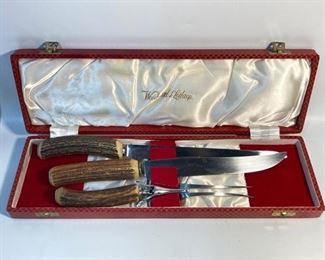 3 pc Woodward & Lothrop Sheffield, England Antler Handled Carving Set In Original Box
