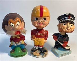 Three 1960s Vintage Collectible Plaster and Ceramic Bobble Heads - Yosemite Sam Warner Bros Japan, Washington Redskins Player, and Baltimore Clippers Player
