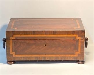 Antique Mahogany Work Box with Inlaid Satin and Rose Wood and Original Fitted Interior Tray

