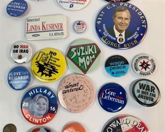 Collection of Vintage Political Pins - George Bush, Bill Clinton, NonWar On Iraq, War Is Not The Answer and More
