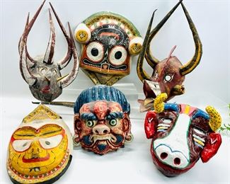 Vintage Napal Bhutan Ritual Handcrafted Paper Mache Assorted Colorful Masks
