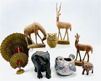 Vintage Wildlife Animal Wooden Hand carved Elephant, Giraffe, Dears, Art Potty Birds And Brass Peacock

