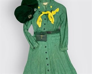 1940s-50s Girl Scouts of America Uniform with Belt, Belt Pouch, and 2 Beanies with GS patches.
