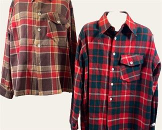 2 vintage Lawton 100% pure wool Button Down Shirts . One is brown, red and tan plaid. The other is red, green, blue and white plaid.
