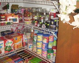 Kitchen:  More cake mixes plus frosting than anyone can use, Pyrex bowls, Can Goods and lots of food  