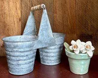 Utensil Holder (left) & Art Pottery Flowers