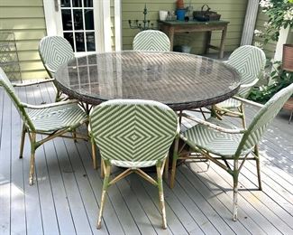 (6) Woven Wicker Armchairs & Wicker Table with Glass Top