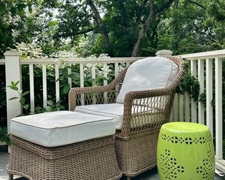 Wicker Armchair & Ottoman & Pier 1 Garden Stool (green)