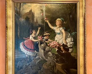 Antique Oil Painting, Children with Flowers