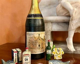Wood Champagne Bottle with small carved wood pieces that fit inside.
