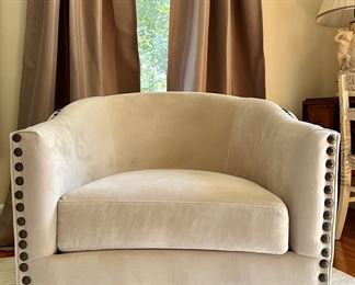 (2) Pottery Barn Swivel Armchairs with Nailhead Trim