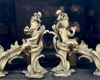 (2) Antique French Louis XV Style Gilt Bronze Cherub Andirons