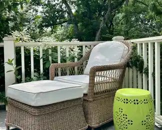 Wicker Chair, Ottoman, Green Garden Bench