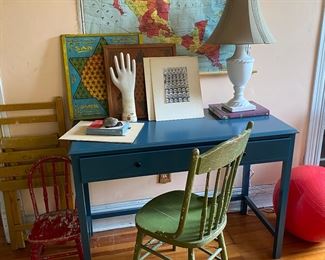 Contemporary desk, factory glove mold & vintage chairs, game boards & maps