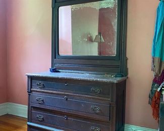 Victorian 3-drawer dresser & mirror, does retain its original wheels-(inside dresser)
2nd floor.