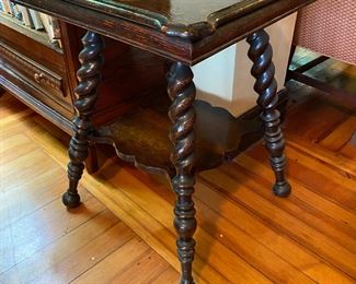 Square Victorian parlor table with twist legs.