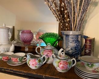 Much antique dish ware, glasses, vases, teapots, cups.