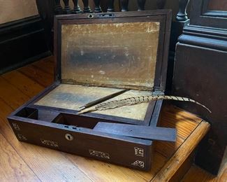 Antique Jefferson travel desk with inlaid mother-of-pearl detail, wedding gift of grandparents.