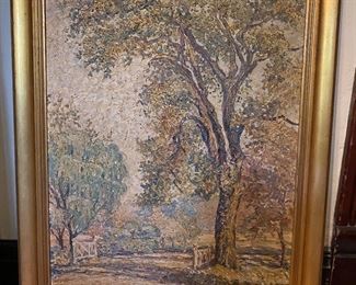 Large oil landscape by M. Ballard Geddis in gold frame.