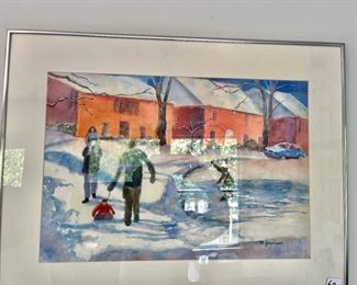 Watercolor Snow scene signed 