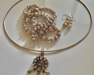 Sterling pendant, necklace and silver beads, earrings 