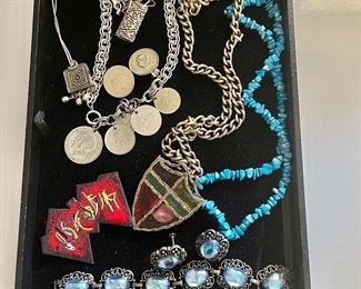 Vintage jewelry , enamel pin, bracelet, earrings 