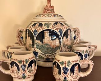 Vintage Gerz German Castles Punch Bowl Tureen, Gerzit Set w/ 6 Cups