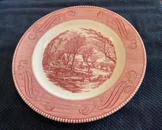 Vintage Red Currier and Ives The Old Grist Mill Dinner 4 Plates 