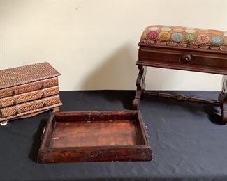 Embroidered Bench, Minidresser, and Tray