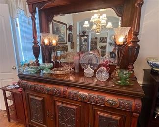 Ornate Carved Oak Sideboard/Buffet with Mirror Back