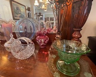 Green Depression Glass, Hand-painted Fenton Cranberry Glass Ruffle Basket (basket is sold)
