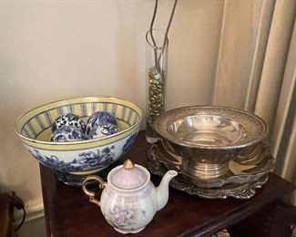 Silver-plate Serving Bowls, More Capodimonte Flowers, Tea Pot, Blue and Yellow Bowl (bowl is sold)