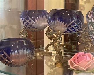 Brass Dragon Stands, Blue Cut Glass Bohemian 