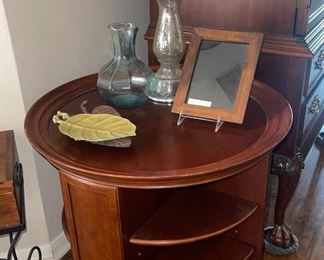 Rotating Round Side or End Table, Crackle Glass Lamp, Pottery Barn picture frame, Blue Glass Vase, Metal Leaf Dishes 