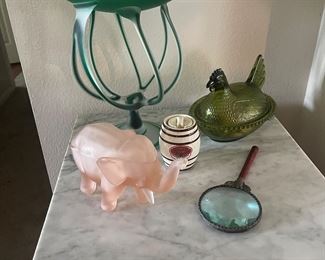 Pink Depression Glass Elephant Dish (Sold), Magnifying Glass, Green Hen Glass Dish (Sold), 