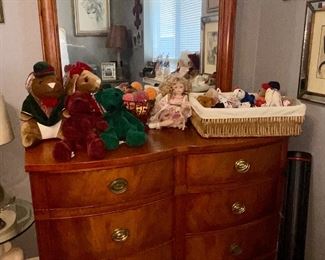 Serpentine Dresser with Mirror, Various Stuffed Animals 