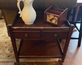 Wooden Cart Server, Ironstone White Pitcher