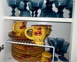 Poppies Fleur Rouge by AMBIANCE Dishes, Lenox Dark Antique Blue Glasses