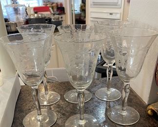 Vintage Wheel Cut Floral Wine Glasses