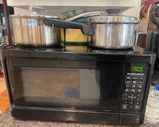 Hamilton beach, microwave, stainless steel pots and pans
