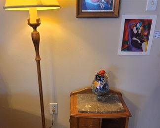 Floor Lamp, Small Marble Top Side Table one Door and Shelves