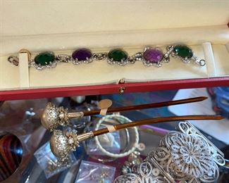 Silver Multi Color Stones Bracelet, Vintage Hair Pins