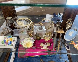 England Flower Pins, few Military Pins, Bone Bracelet, a Few pieces of 14kt, Torpedo Ware Letter Openers, Joan Rivers Bracelet 