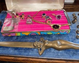 WWII Nude Trench-ware Letter Opener (Sold), 925 Rings, Swarovski Necklace (sold), 