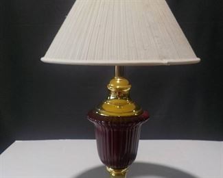 Burgundy Ceramic and Brass Tone Table Lamp with Shade