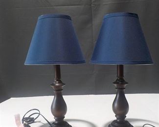 Pair of Wood Look Table Lamps with Navy Blue Shades