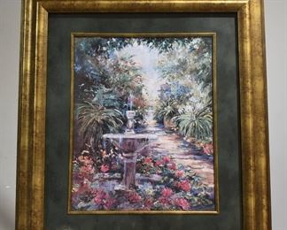 Large Framed and Matted Texture Print of Garden and Fountain