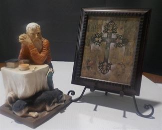 Reverent Two Piece Lot Man Praying at table Figurine and Cross Wall Art